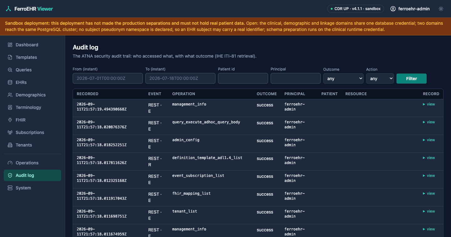 The audit browser in dark mode: the ATNA trail with its event-time, patient and outcome filters