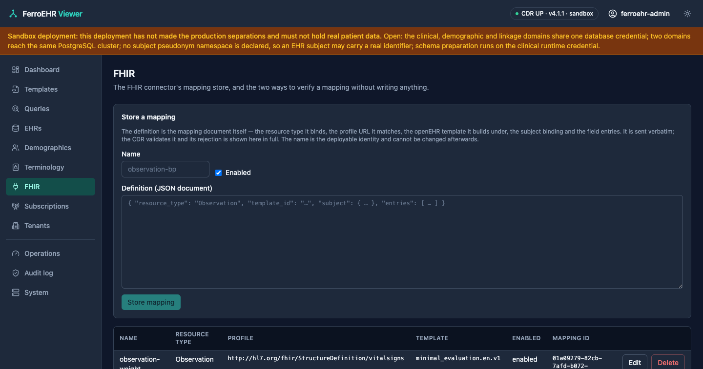 The FHIR connector admin in dark mode: the mapping store and the verification panels