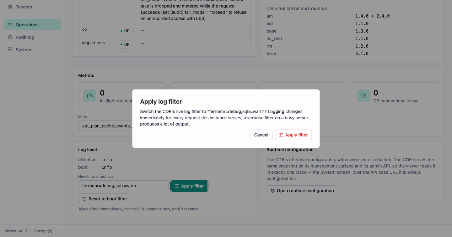 Operations panel — log filter confirmation