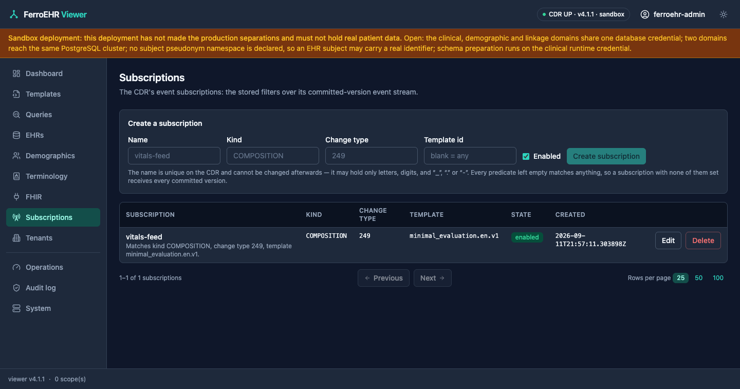 The event subscriptions screen in dark mode: the subscription table and its predicates