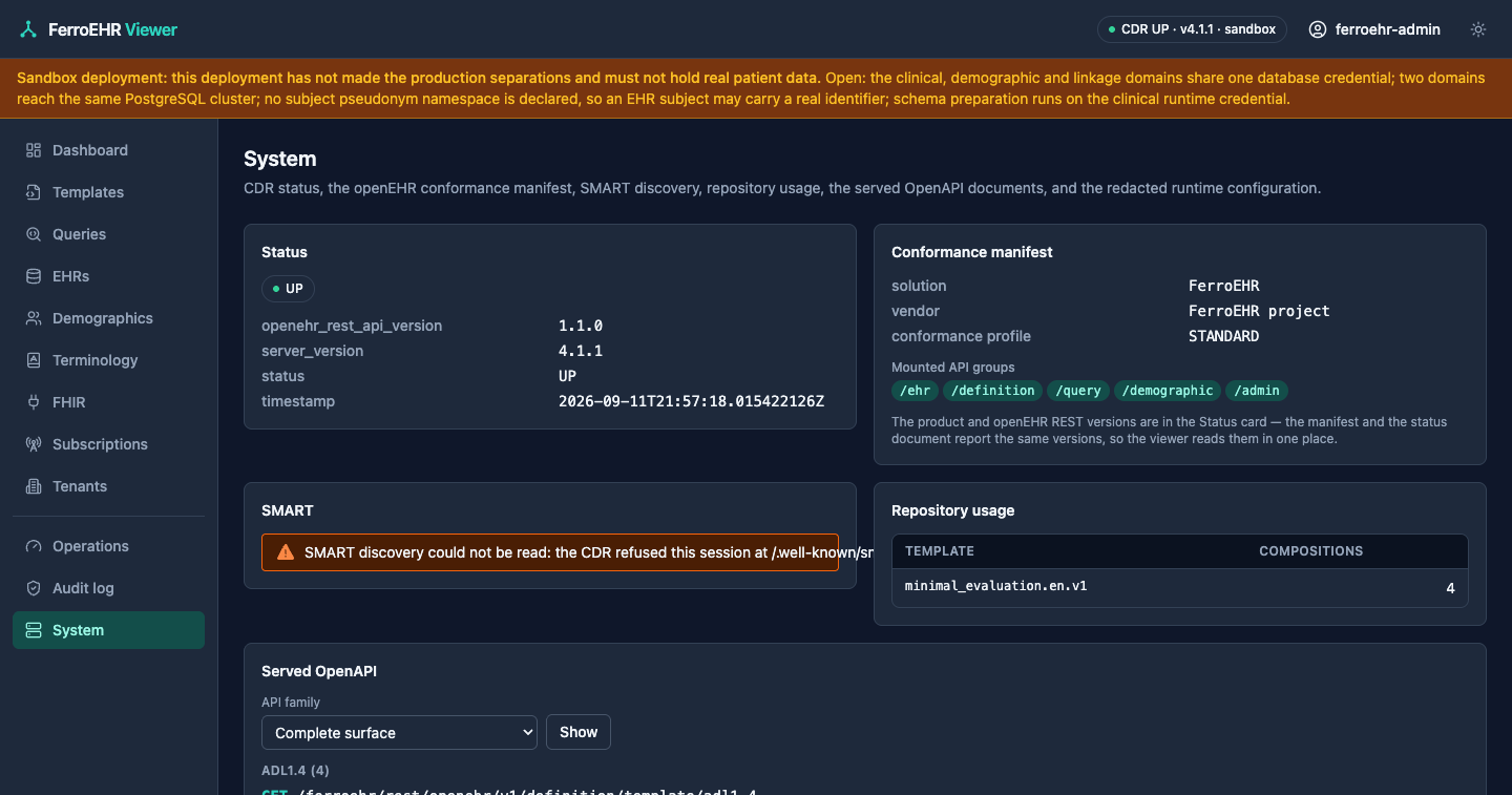 The system screen in dark mode: CDR status, the conformance manifest and the served OpenAPI documents