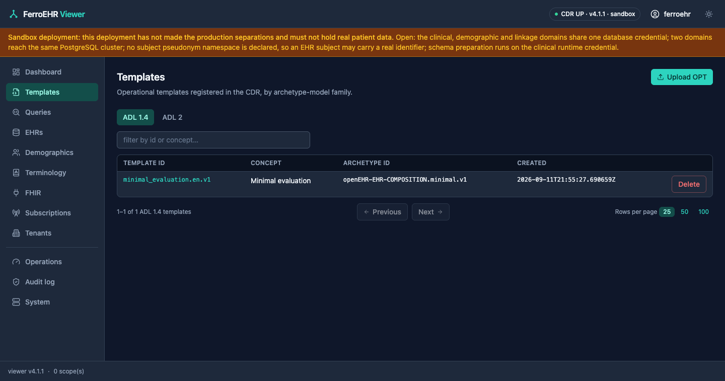 The templates screen in dark mode: the operational-template listing with its upload button